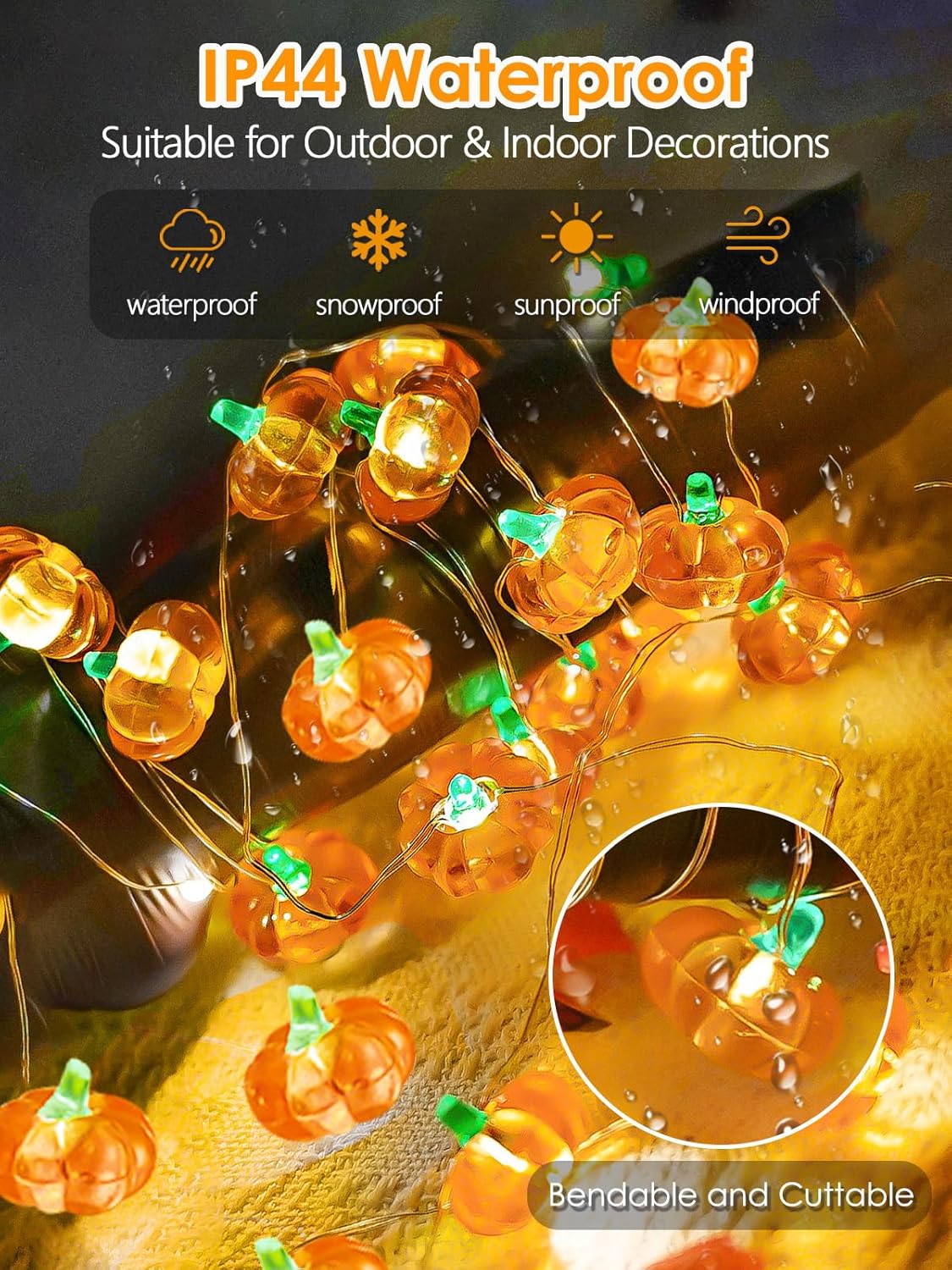 Fall Decorations 3D Pumpkin Fairy Lights Battery Operated with Remote, 10ft 30LED Fall Orange