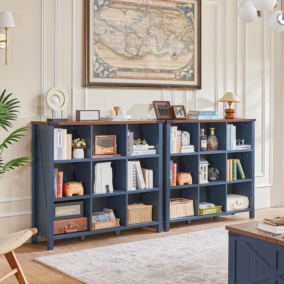 9 Cube Bookcase, Farmhouse 47 Inch Wide Navy Blue Bookshelf, Wooden 3 Tier Display Large Open Book