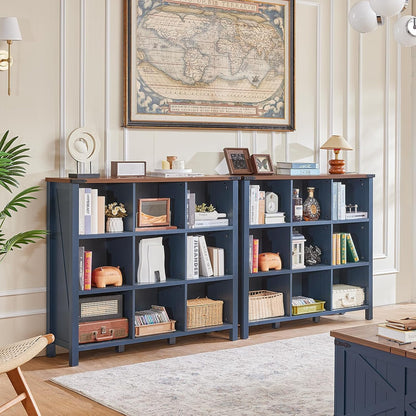 9 Cube Bookcase, Farmhouse 47 Inch Wide Navy Blue Bookshelf, Wooden 3 Tier Display Large Open Book