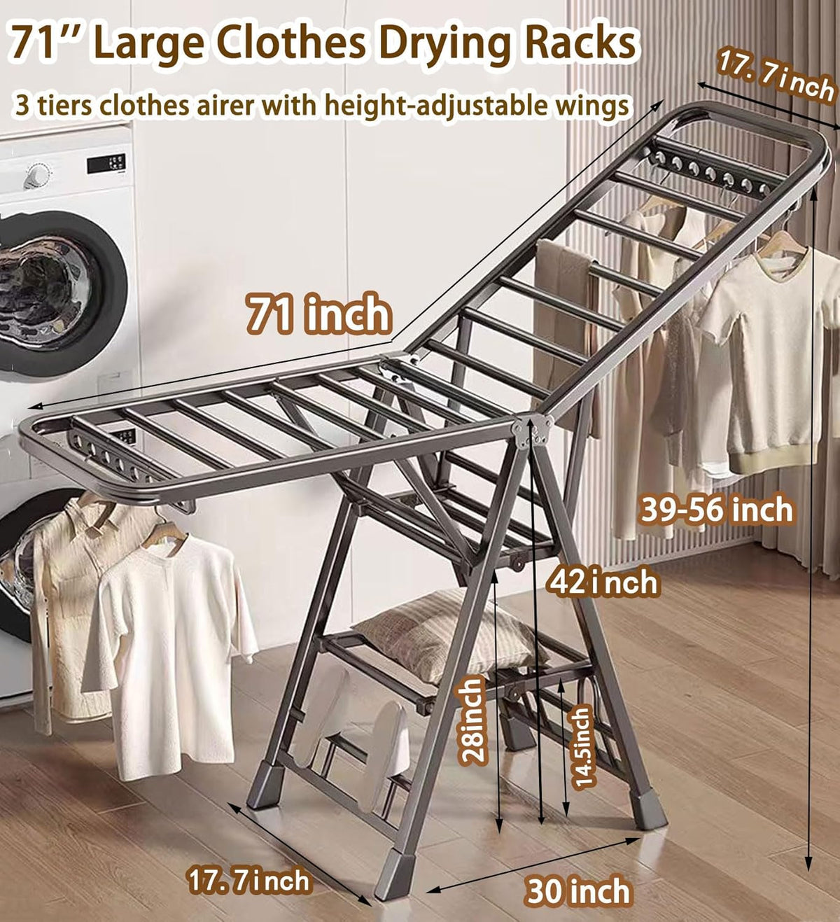 Mimiblack Heavy Duty Clothes Drying Rack Foldable with Wheels, 71'' Extra-Thick Metal Laundry Dryer