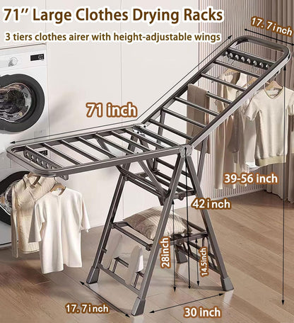 Mimiblack Heavy Duty Clothes Drying Rack Foldable with Wheels, 71'' Extra-Thick Metal Laundry Dryer