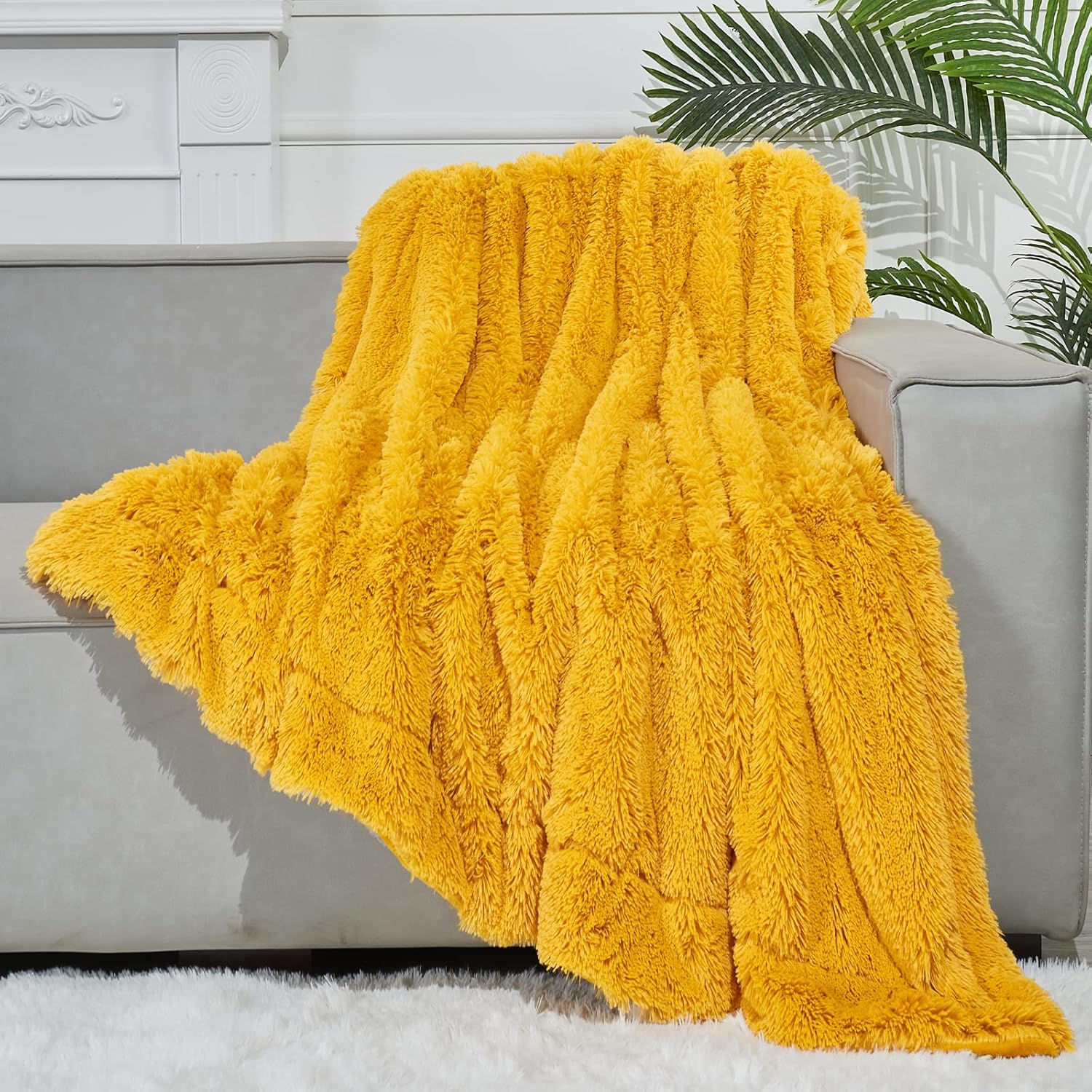 GONAAP Fuzzy Faux Fur Throw Blanket Twin Size Mustard Yellow Super Soft Cozy Plush Fuzzy Shaggy