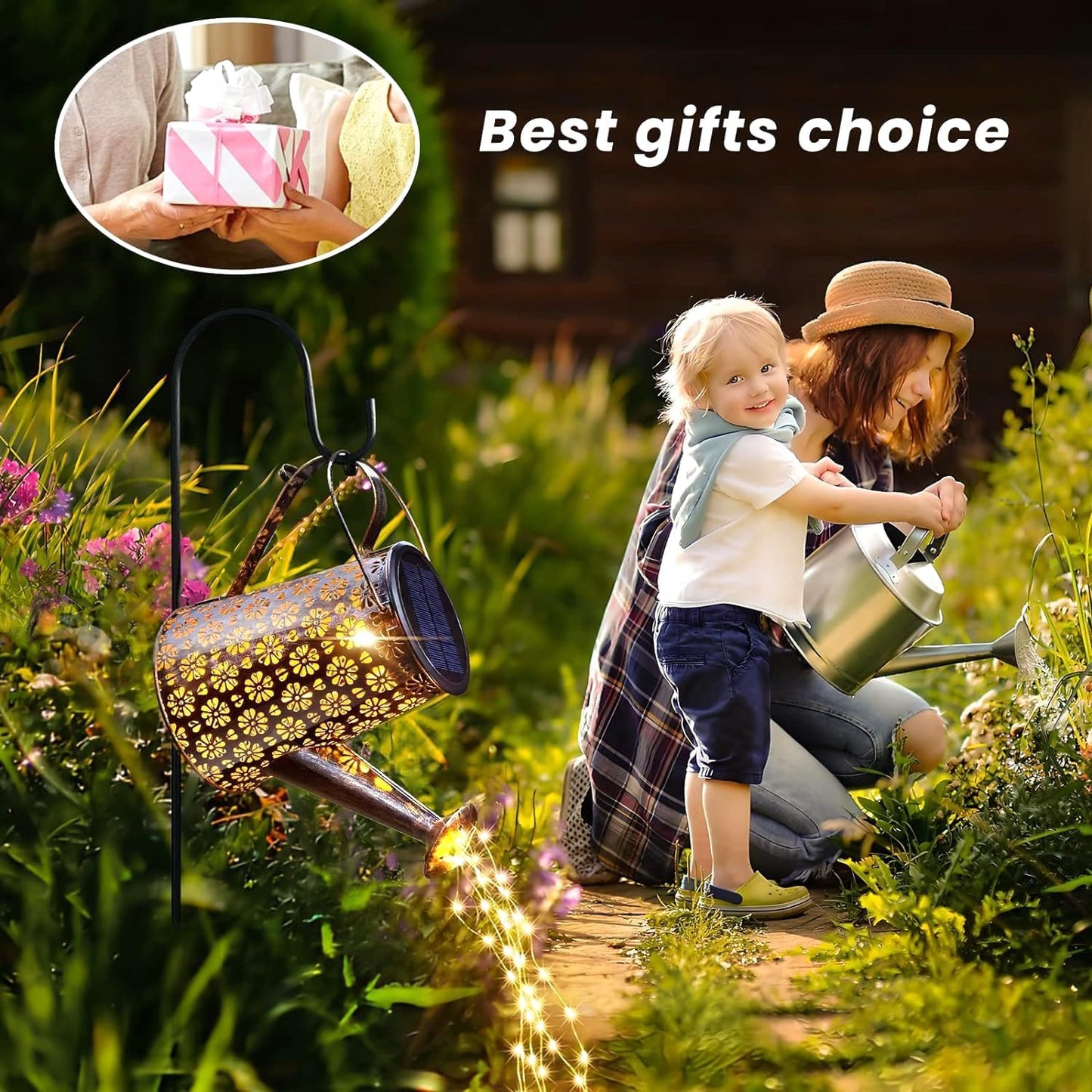 2 Pack Solar Watering Can Lights with Shepherd Hook, 8 Multi-Color Changing Modes, IP65 Waterproof