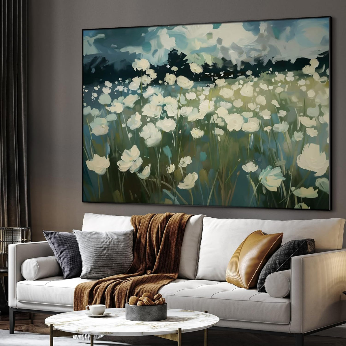SIGNWIN 46"x60" Extra Large Framed Wall Art White Wildflower Field in Impressionist Style, Soft