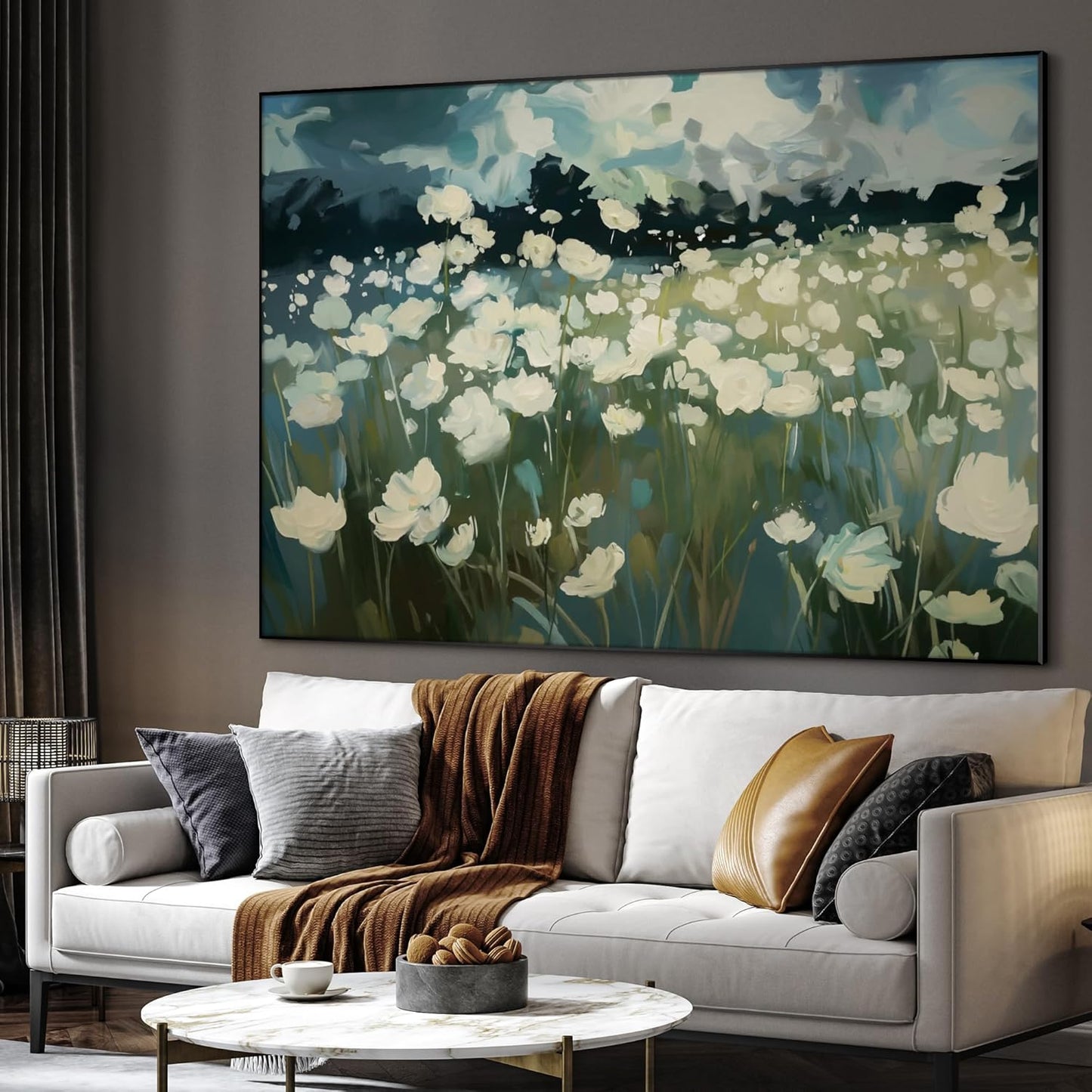 SIGNWIN 60"x72" Extra Large Framed Wall Art White Wildflower Field in Impressionist Style, Soft