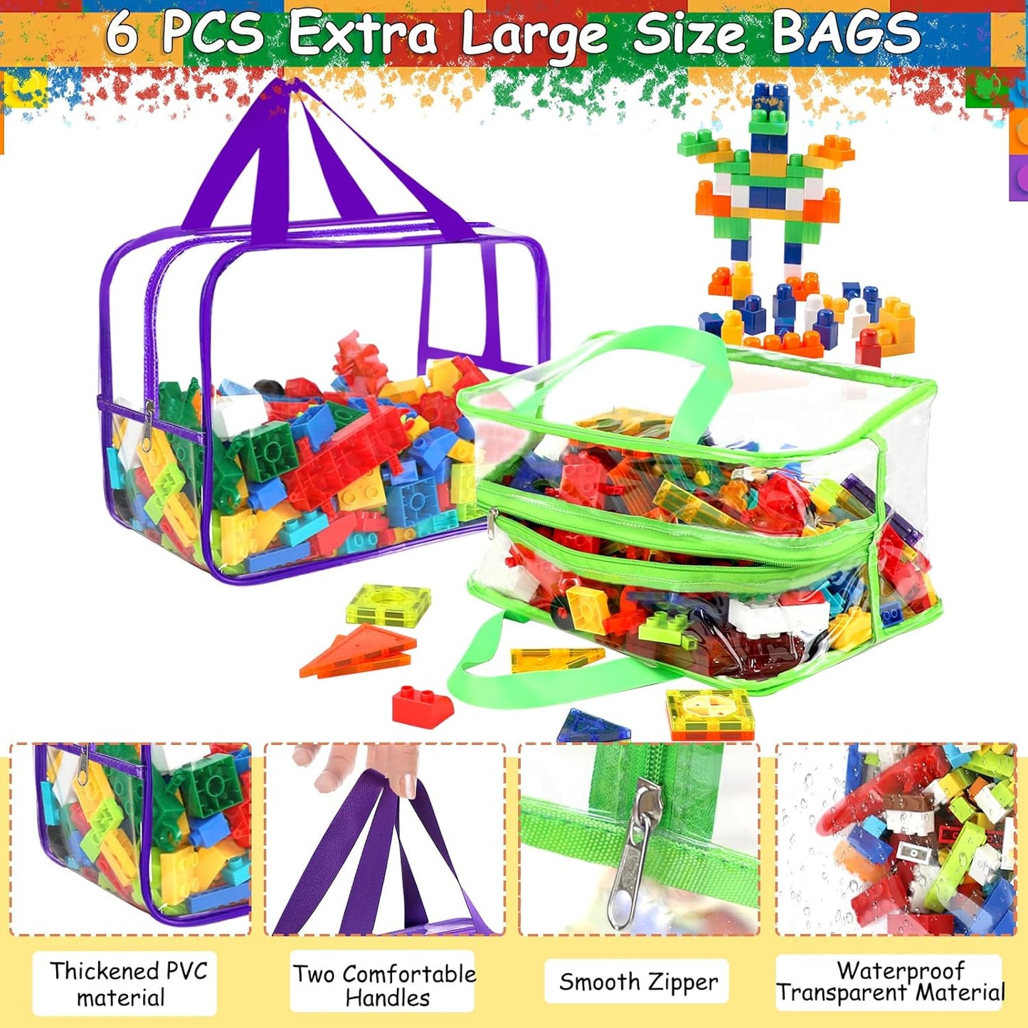 6 Colors Widen X-Large Toy Storage Bags 12.6×9.25×6.9In with Labels, Reusable Clear PVC Board Game