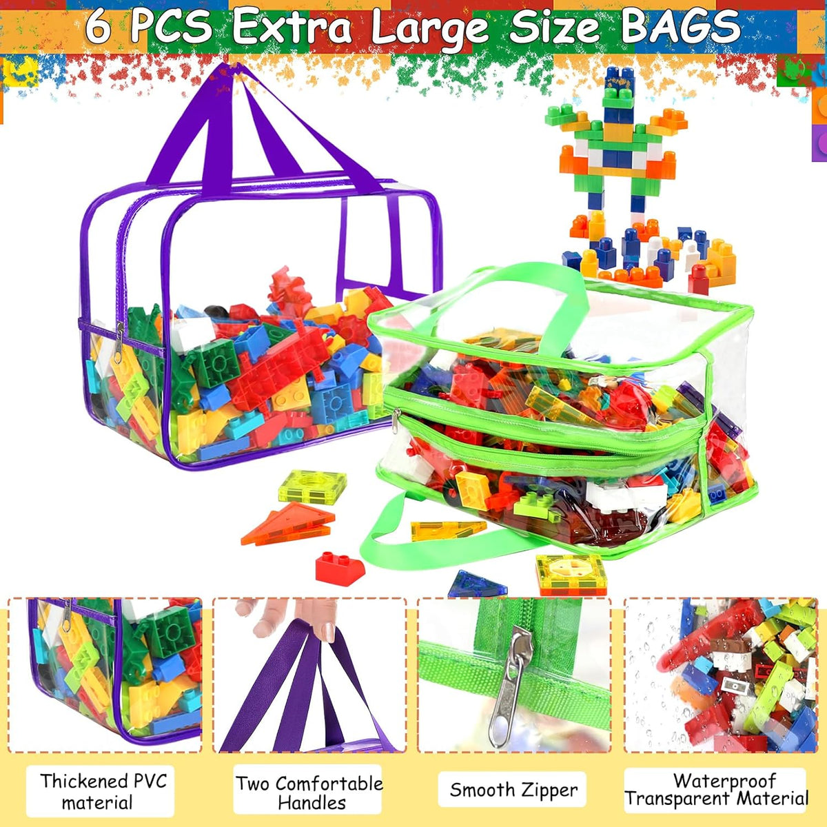 6 Colors Widen X-Large Toy Storage Bags 12.6×9.25×6.9In with Labels, Reusable Clear PVC Board Game