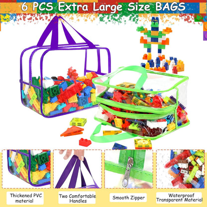 6 Colors Widen X-Large Toy Storage Bags 12.6×9.25×6.9In with Labels, Reusable Clear PVC Board Game