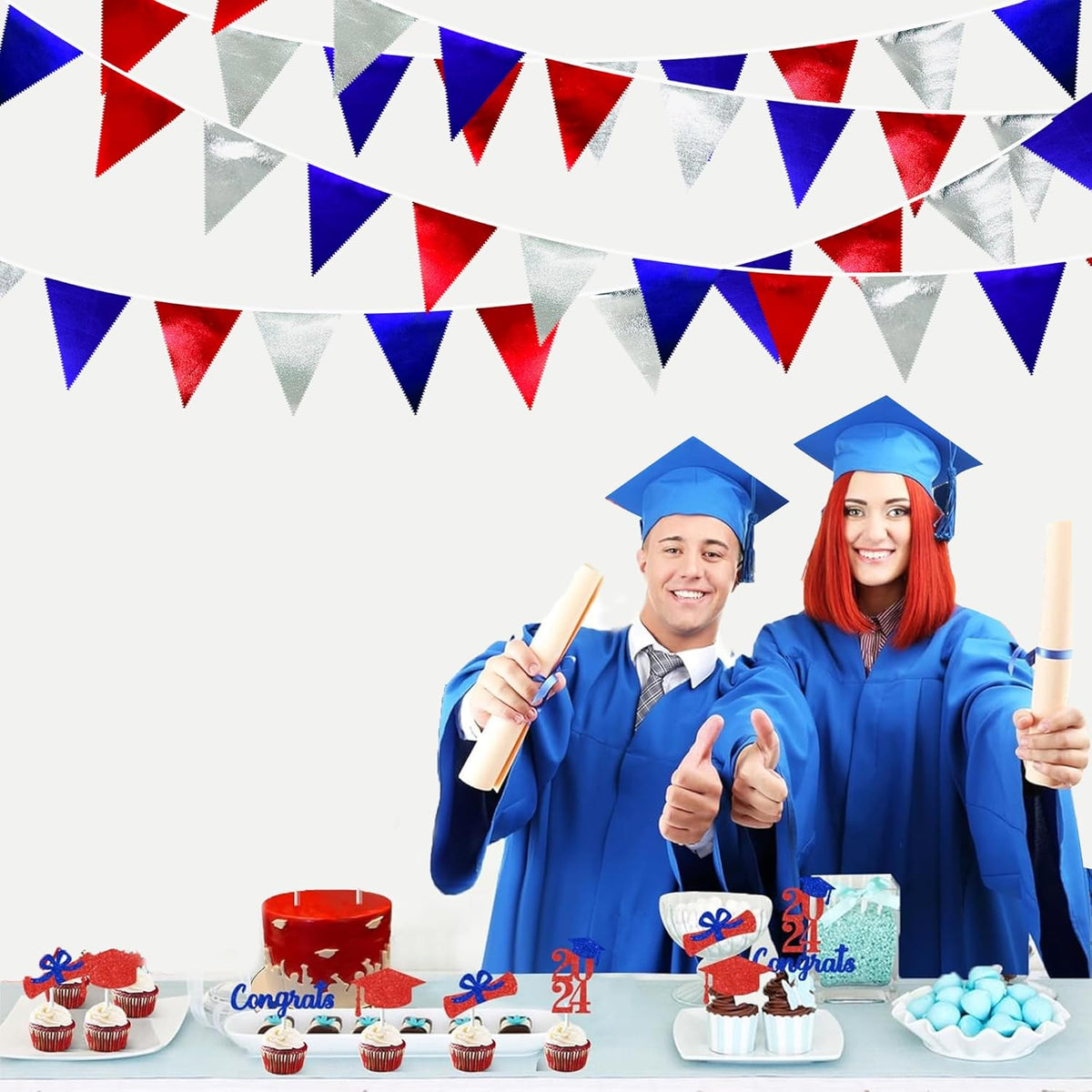 Red Blue Silver Party Decorations Metallic Fabric Triangle Pennant Banner Flag Bunting Garland for