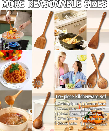 Wooden Spoons for Cooking,Wooden Cooking Utensil Set,10-Piece Wooden Kitchen Utensil Set with