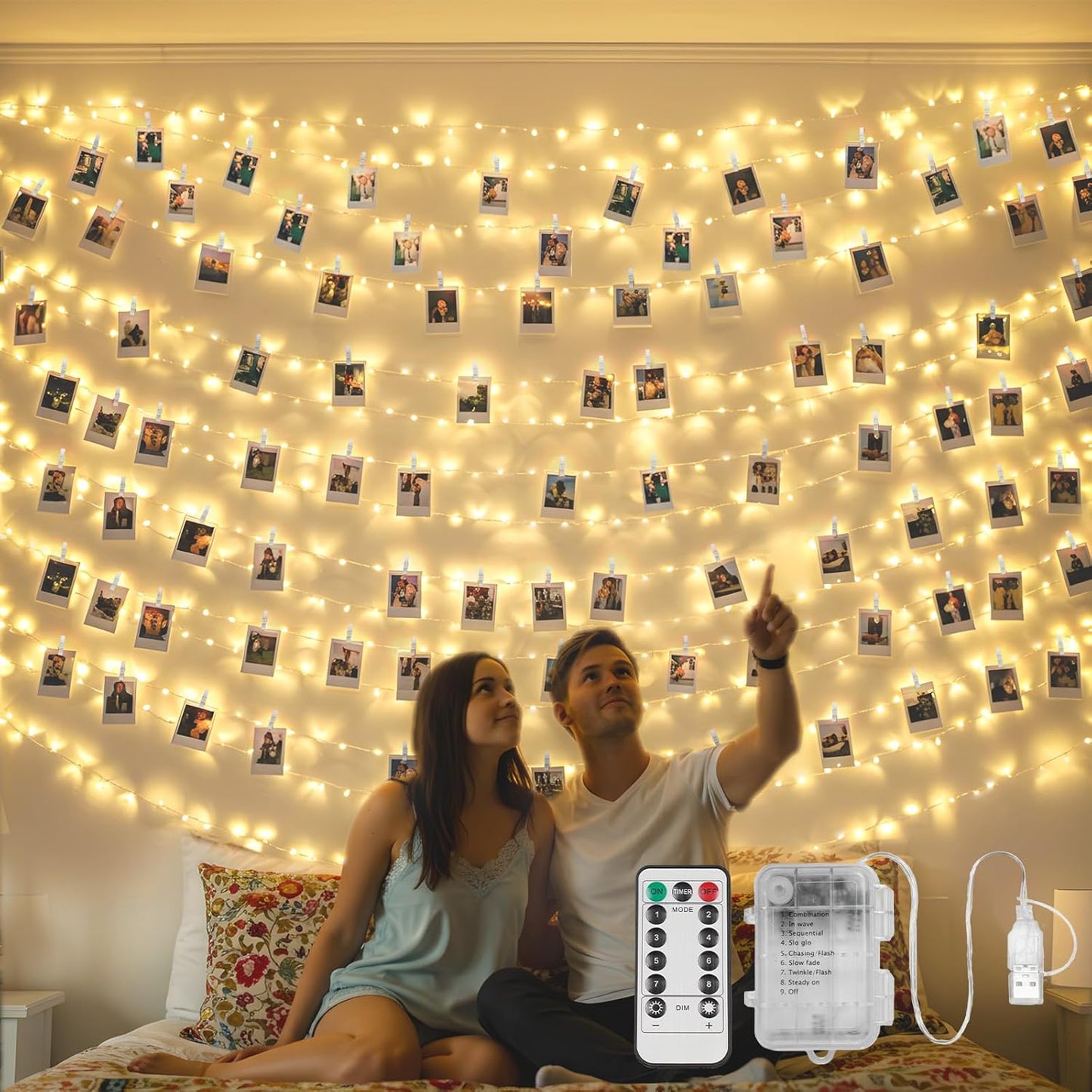suddus 33ft 100 LED Fairy Lights with Clips for Pictures, Photo Lights with Remote USB Powered &
