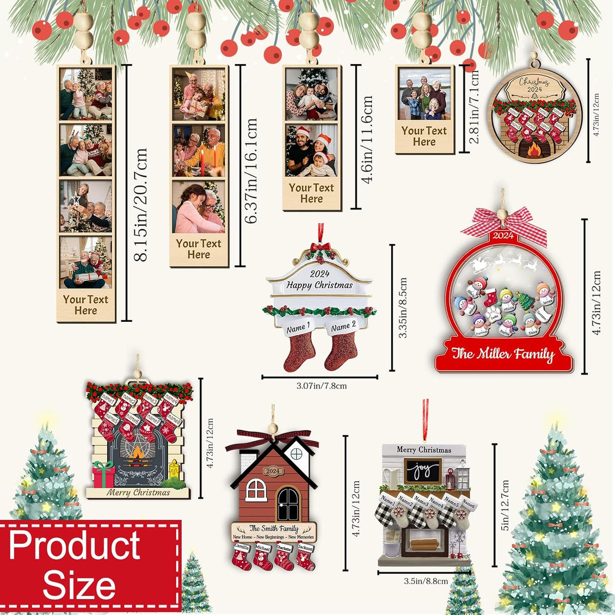 Personalized Christmas Ornaments with Names of 2/3/4/5/6/7/8 Custom Family Ornament Customized Xmas