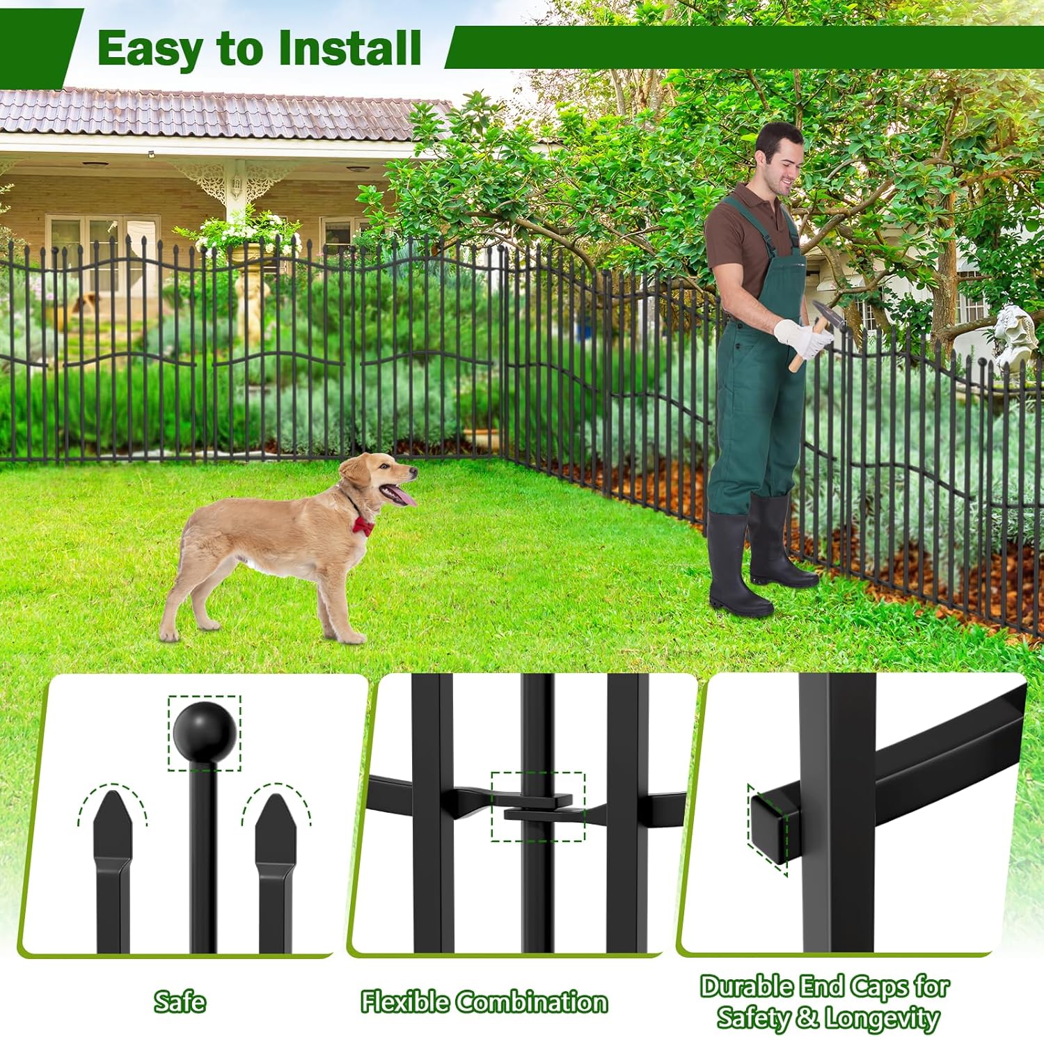 8 Panels No Dig Decorative Garden Fence with Gate - 40in H x 18ft L, Tall Heavy-Duty Square Tube
