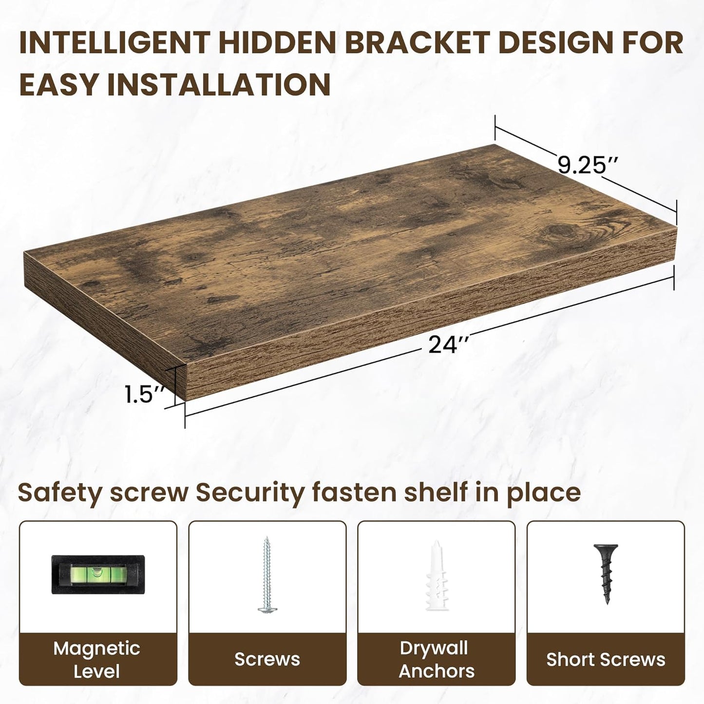 24 Inch Floating Shelves, 24"x9.25"x1.5" Inch Deep Floating Shelves for Wall, Wooden Shelves for