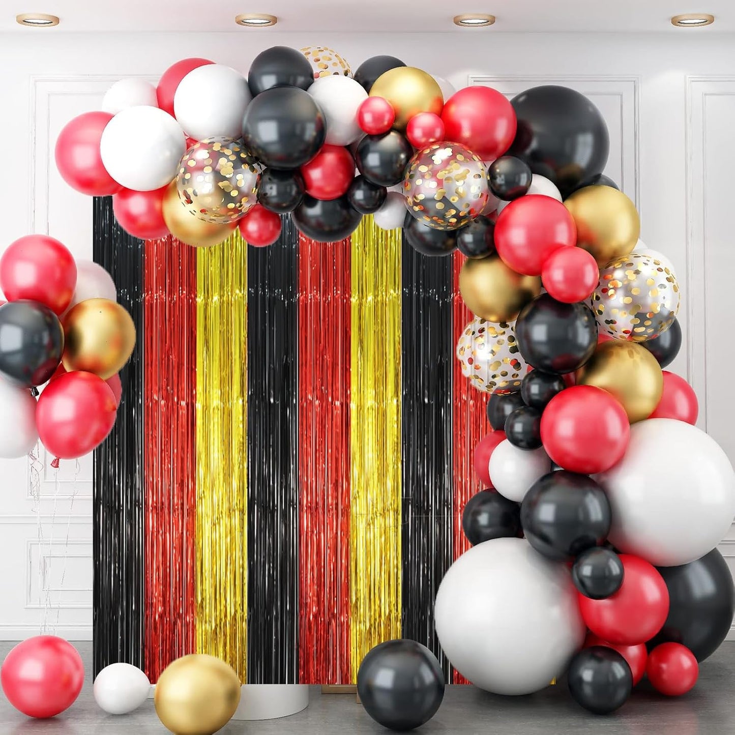 3 Pack 3.3 x 8.2 ft Red Black Gold Foil Fringe Backdrop Curtains, Tinsel Streamers Party