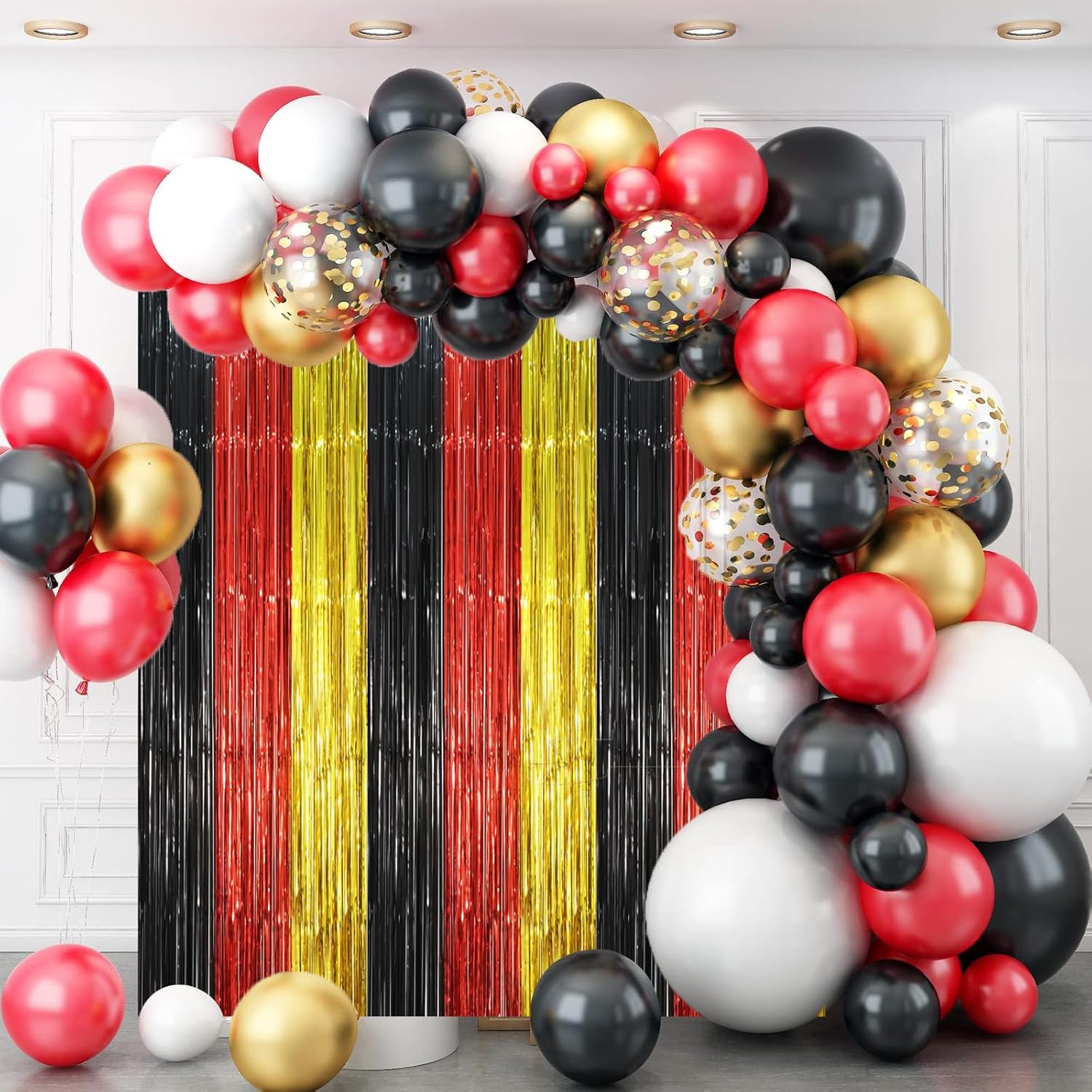 3 Pack 3.3 x 8.2 ft Red Black Gold Foil Fringe Backdrop Curtains, Tinsel Streamers Party