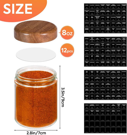 Yangbaga 12Pcs Glass Spice Jars with Labels-8oz Acacia Wood Lid Square Spice Containers,Seasoning