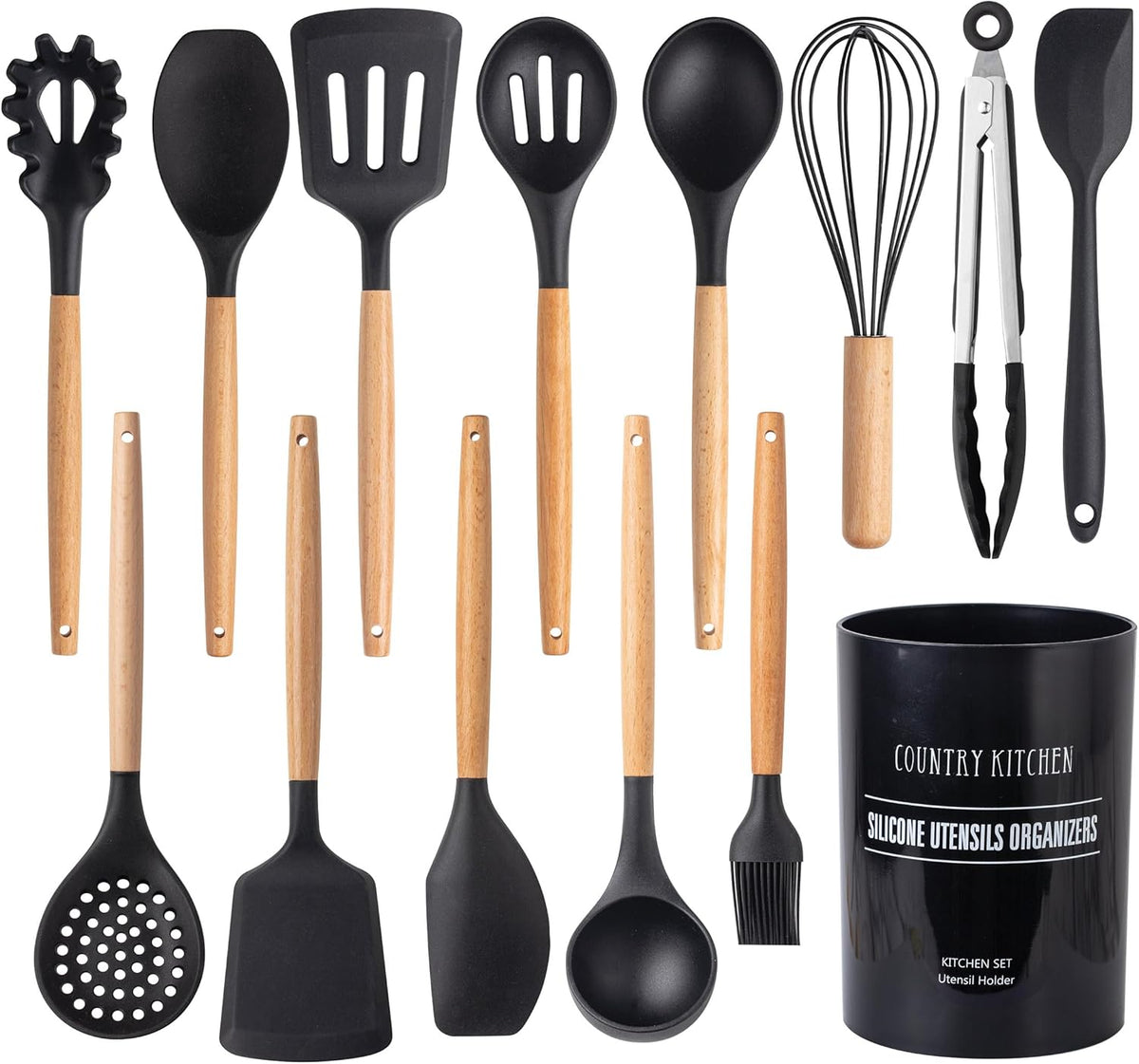 Country Kitchen Non Stick Silicone Utensil Set with Rounded Wood Handles for Cooking and Baking, 14