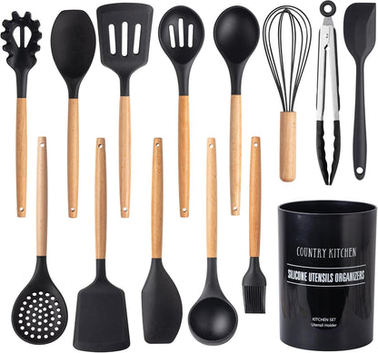 Country Kitchen Non Stick Silicone Utensil Set with Rounded Wood Handles for Cooking and Baking, 14