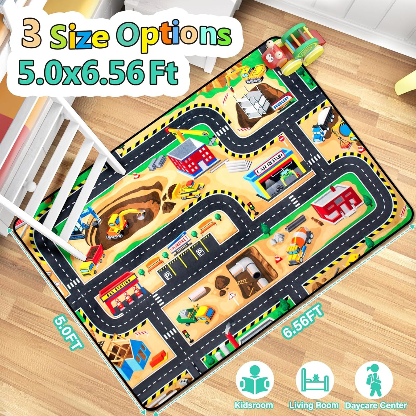 Kids 5x7 Ft Construction Site Play Rug, Baby Play Mat, Tufted Wool & Rubber, Non-Slip, Stain & Fade