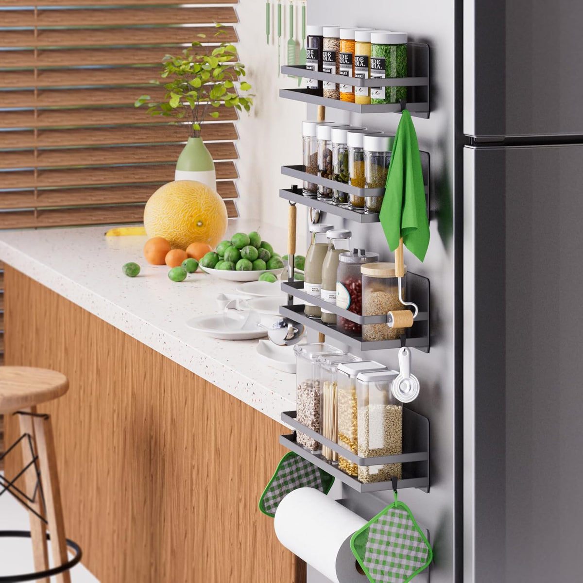 Magnetic Spice Rack Moveable Magnetic Shelf Organizer with Paper Towel Holder Kitchen Refrigerator