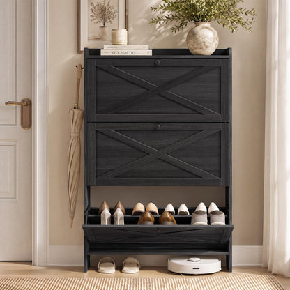 VASAGLE Shoe Storage Cabinet Organizer with 3 Flip Drawers, Freestanding Narrow Shoe Rack Cabinet
