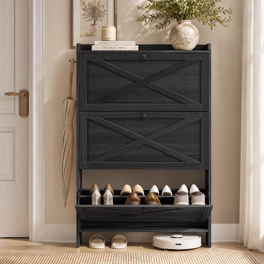 VASAGLE Shoe Storage Cabinet Organizer with 3 Flip Drawers, Freestanding Narrow Shoe Rack Cabinet