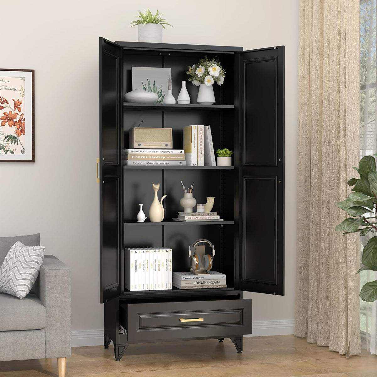 75" Kitchen Pantry Cabinet with Drawer, Metal Storage Cabinets with Doors and 4 Adjustable