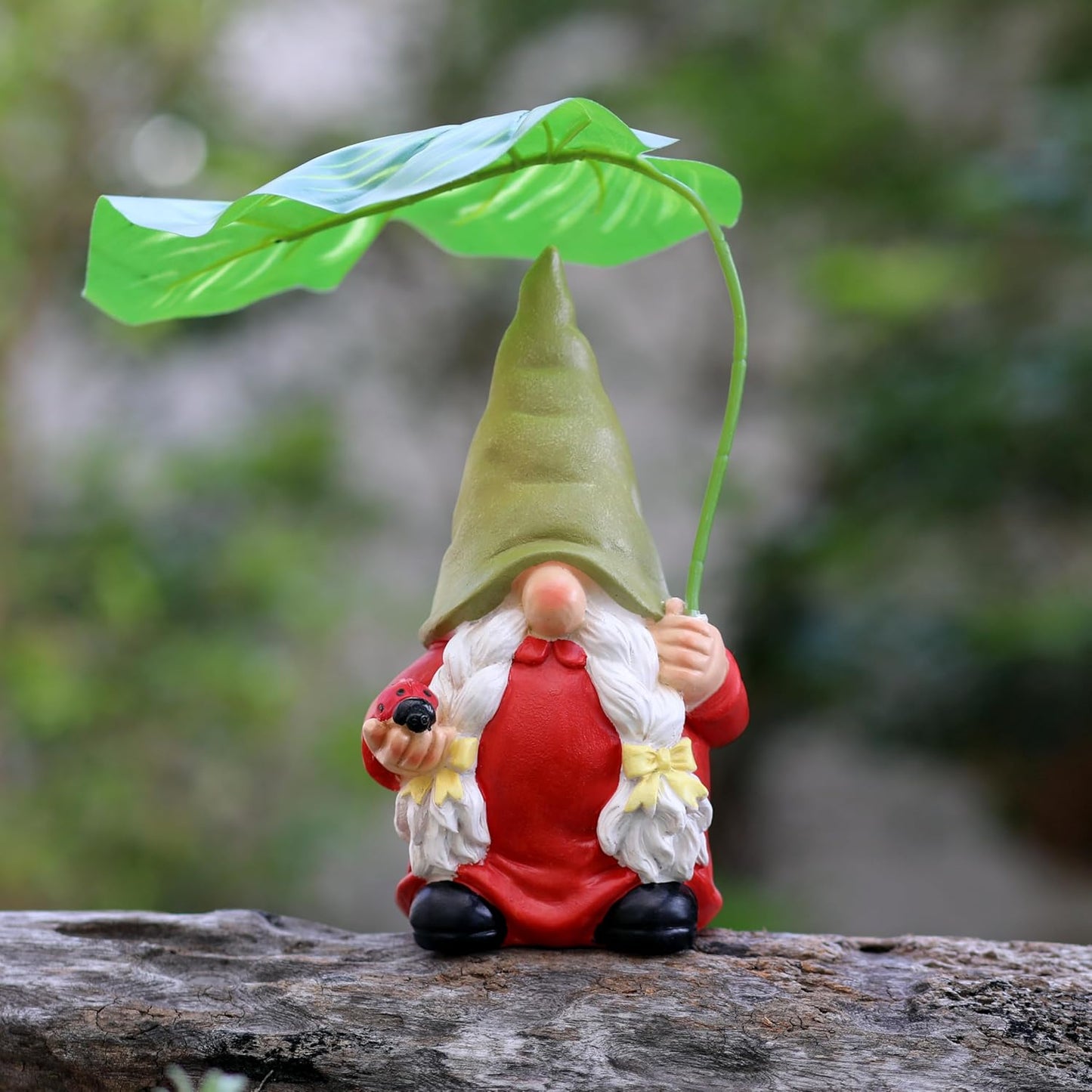 Garden Female Gnome Statue Decoration with Leaf Umbrella, 7.5” Figurine Ornament for Indoor Outdoor