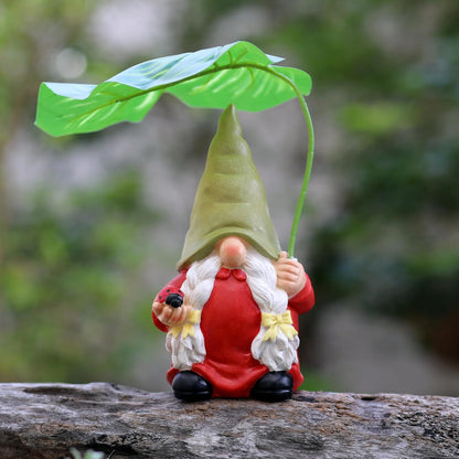 Garden Female Gnome Statue Decoration with Leaf Umbrella, 7.5” Figurine Ornament for Indoor Outdoor