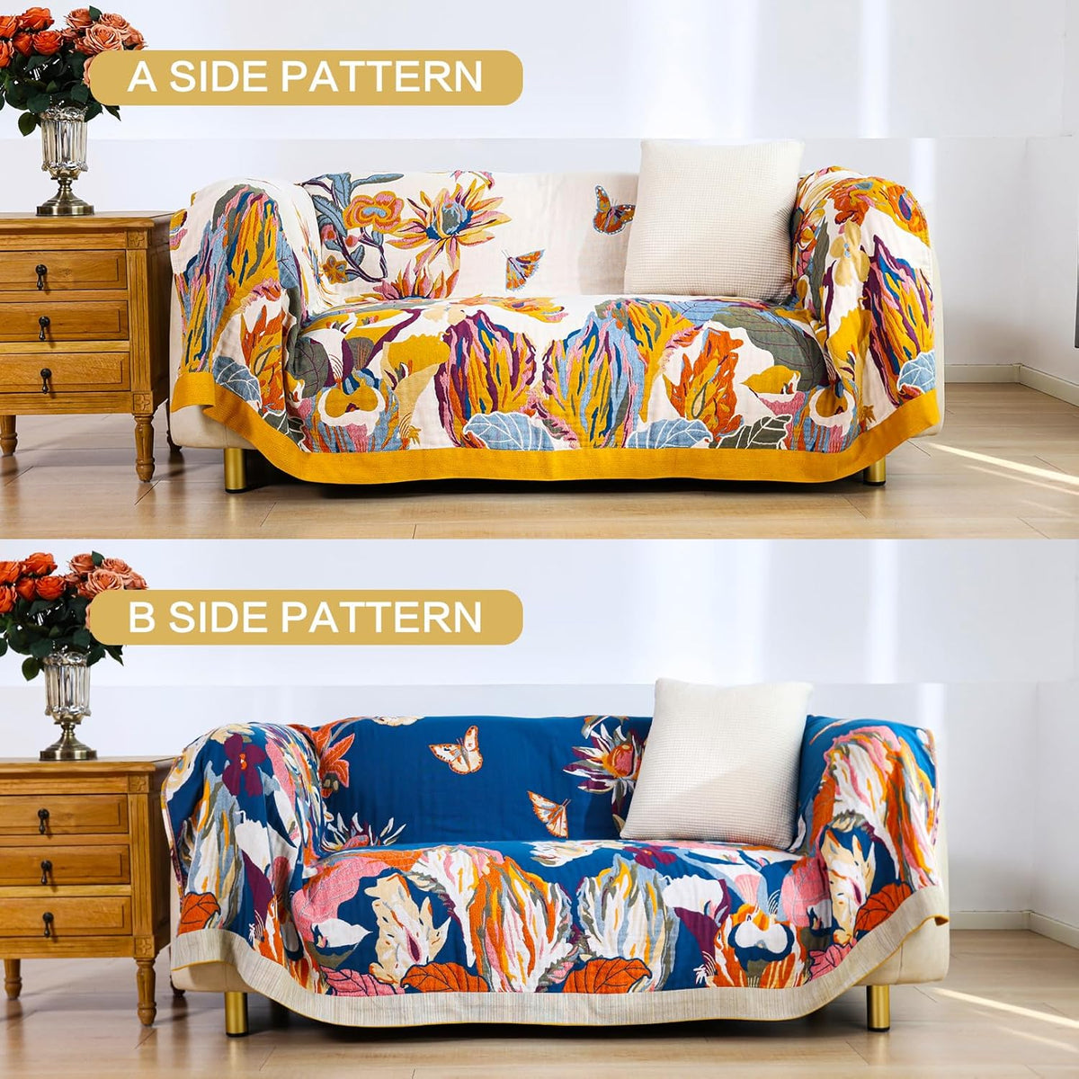 Boho Large Throw Blanket, 100% Organic Cotton Breathable Soft Bed King Throw - Fall Floral Bird