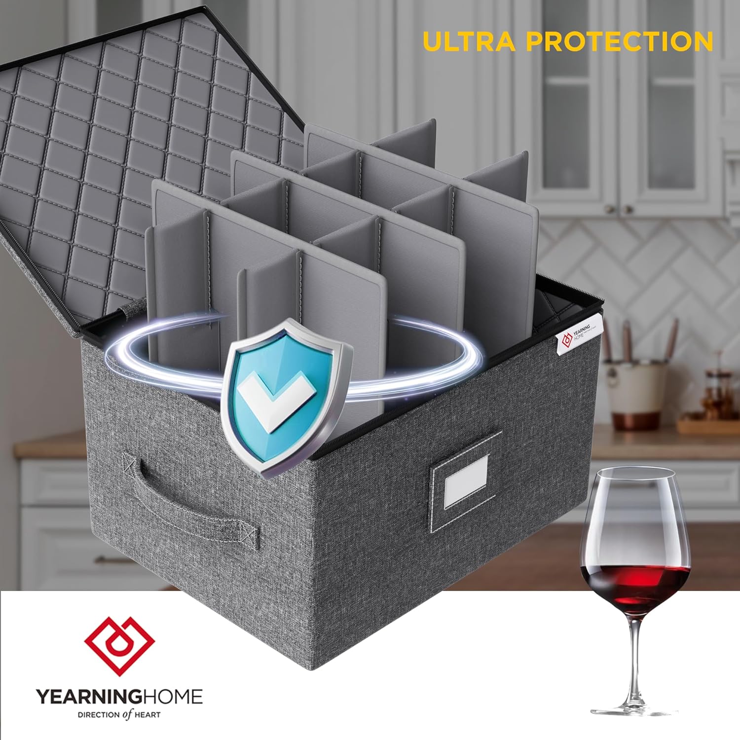 YearningHome Wine Glass Storage Box with Dividers,Hard Shell and Stackable Stemware Storage