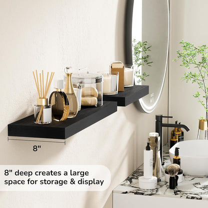 Fun Memories 24 Inch Floating Shelves - Deep Rustic Black Wooden Wall Shelves - Extra Deeper &