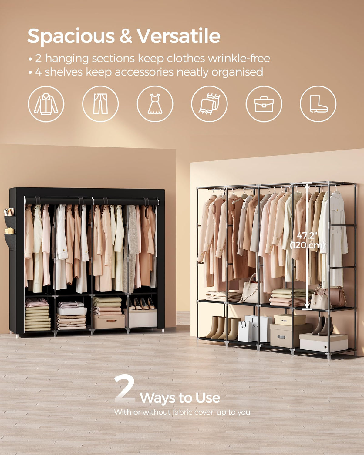 SONGMICS Portable Closet, Wardrobe Closet Organizer with Cover, 4 Hanging Rods and Shelves, 4 Side