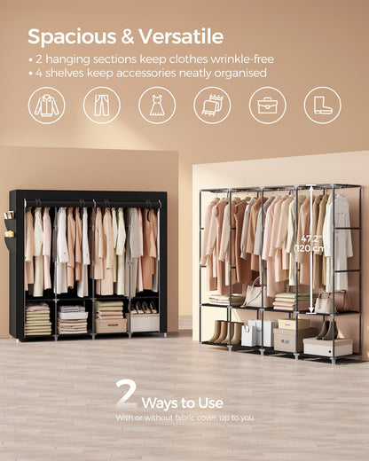 SONGMICS Portable Closet, Wardrobe Closet Organizer with Cover, 4 Hanging Rods and Shelves, 4 Side