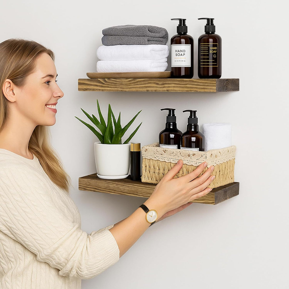 BGMG Wood Floating Shelves for Wall 18 inch Set of 2, Rustic Wooden Wall Mount Shelves for Bathroom