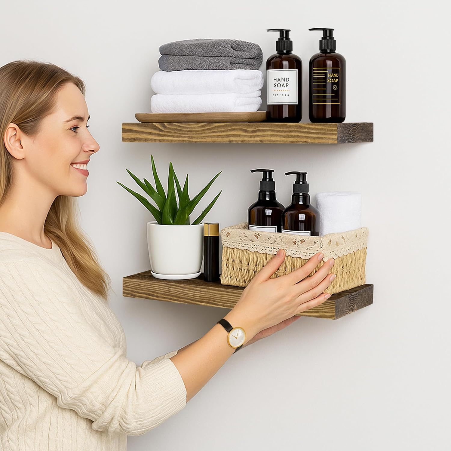 BGMG Wood Floating Shelves for Wall 18 inch Set of 2, Rustic Wooden Wall Mount Shelves for Bathroom