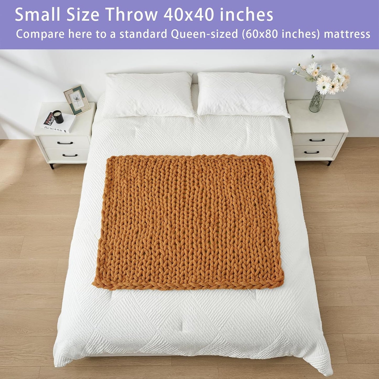 Bigacogo Chunky Knit Throw Blanket for Couch, 40x40 inches, 100% Hand Knitted with Thick Jumbo