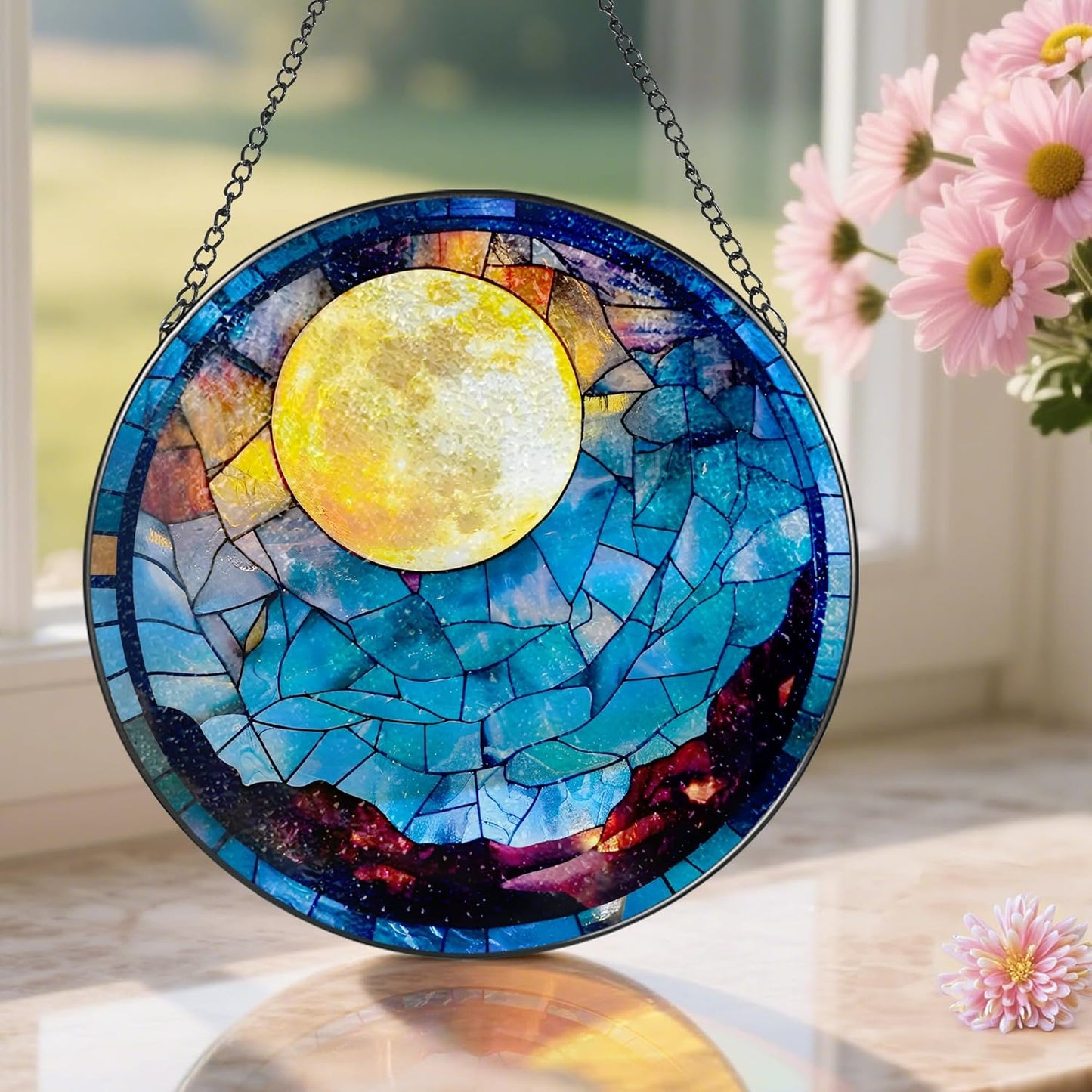 Stained Glass Window Hanging - 8 Inch Full Moon Suncatcher for Window Doors Home Decoration