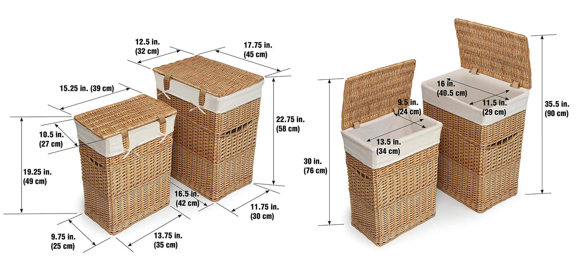 Badger Basket Wicker Two Hamper Set with Liner – Removable Liner, Nesting Hampers for Laundry and