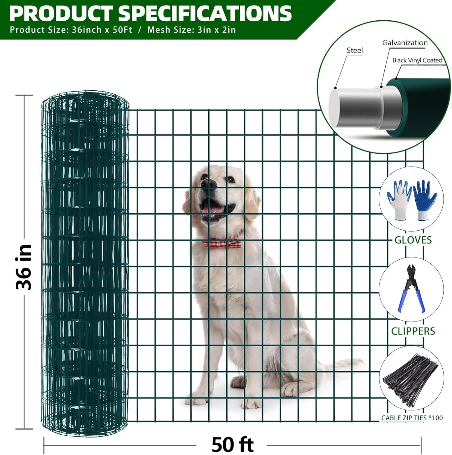 Welded Wire Fence, 50ft(L) x 36inch(H) PVC Coated Wire Fencing for Dog, 2 Inch x 3 Inch 16GA