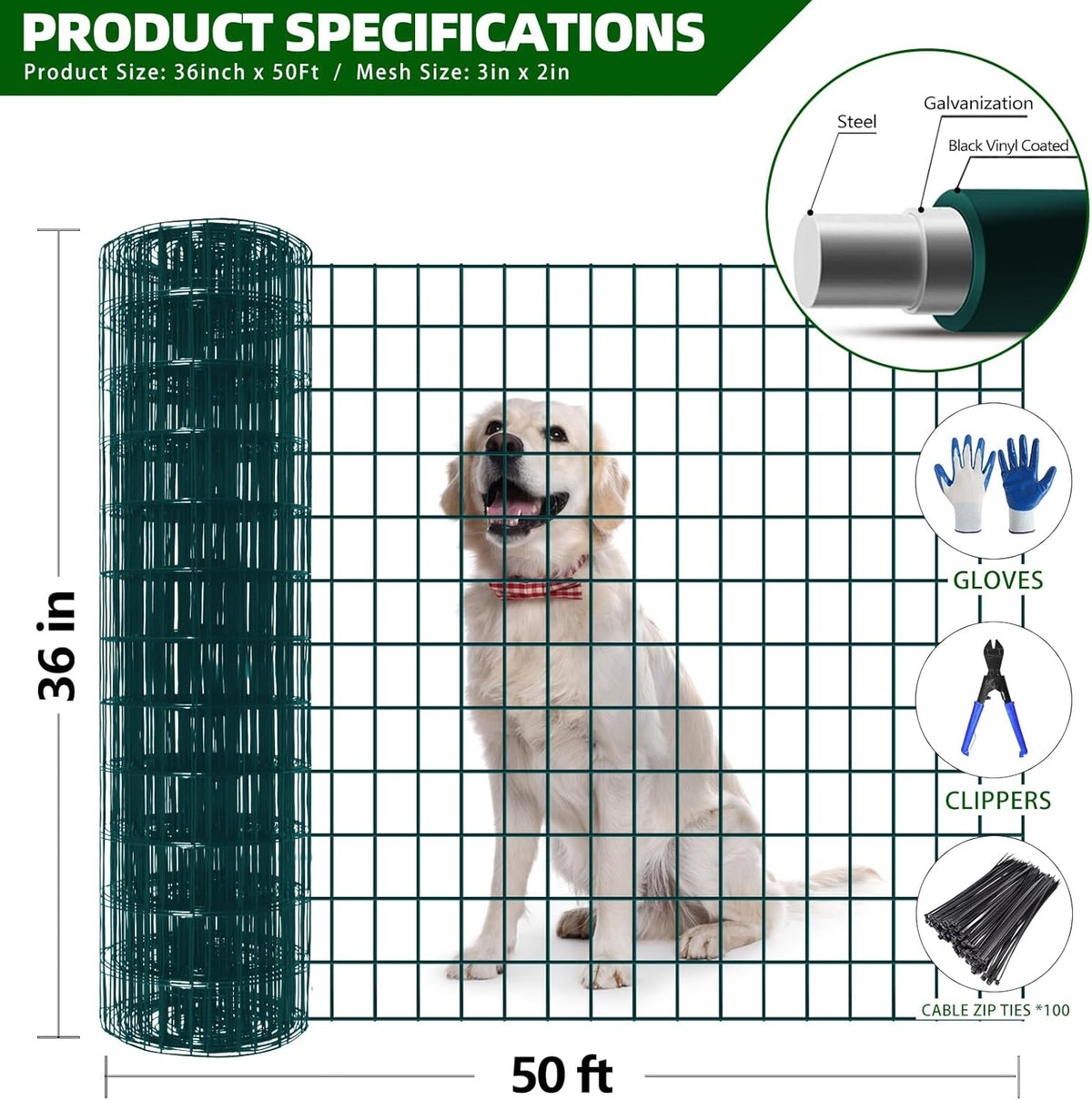 Welded Wire Fence, 50ft(L) x 36inch(H) PVC Coated Wire Fencing for Dog, 2 Inch x 3 Inch 16GA
