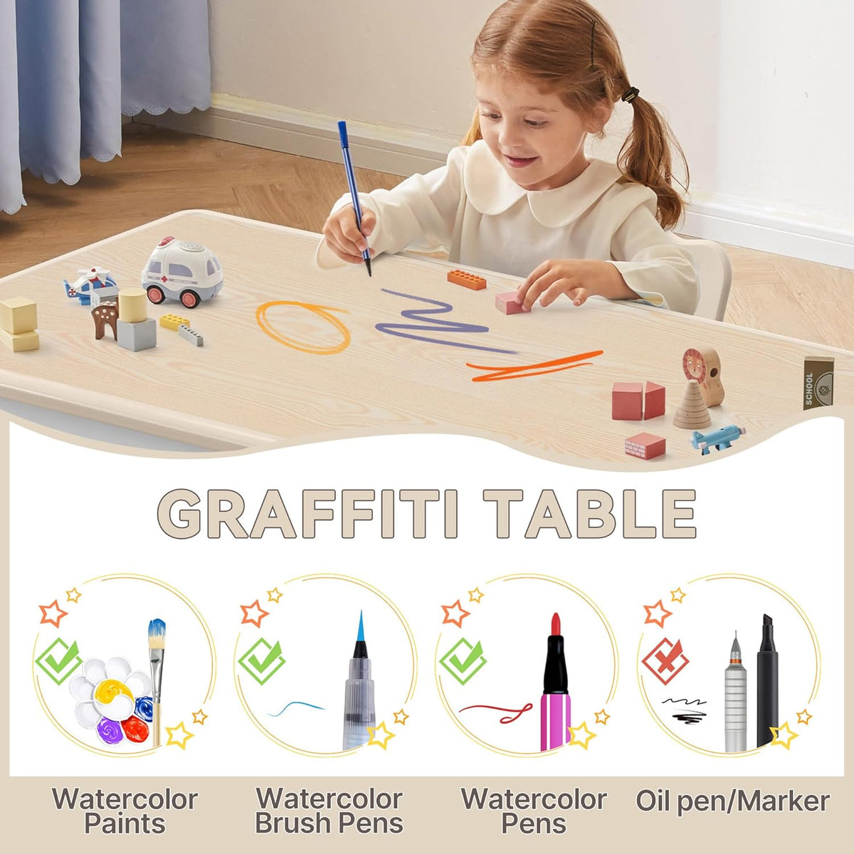 Kids Study Table and Chairs Set, Height Adjustable Toddler Table and Chair Set for Kids Ages 3-8
