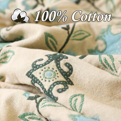 Snycler Boho Throw Blanket for Bed - 100% Cotton Ultra Soft Rustic Quilt - Blue Boho Floral Printed