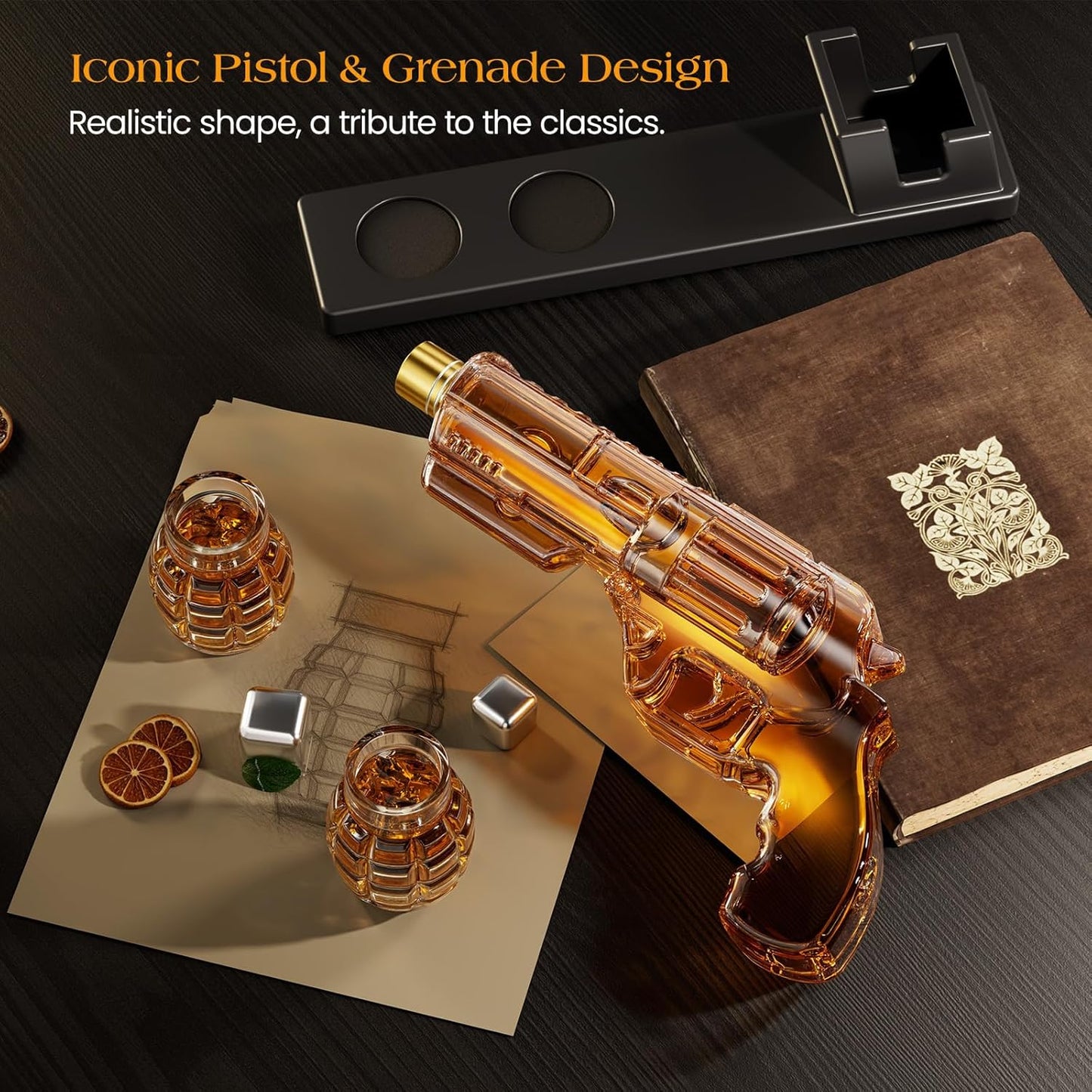 Kollea Whiskey Decanter Set with Grenade-Shaped Shot Glasses, Anniversary Birthday Gifts for Men