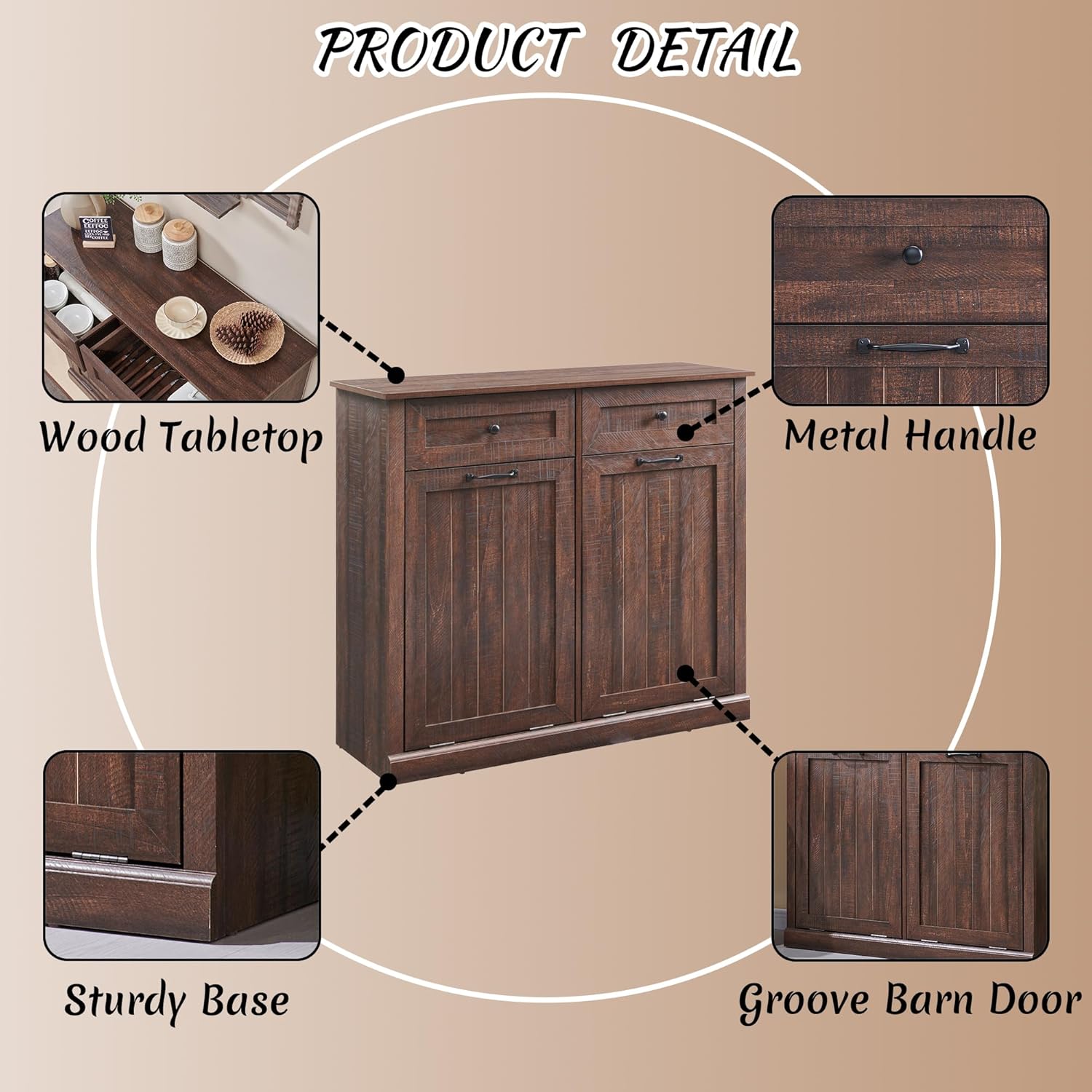 Double Tilt Out Laundry Hamper Cabinet, 20 Gallon Farmhouse Trash Can Cabinet with Drawer, Hidden