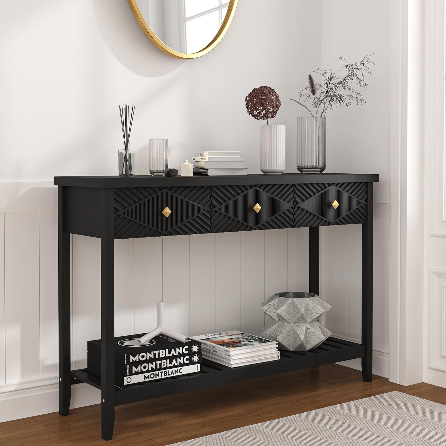 47" Console Table with 3 Drawers, Fluted Narrow Long Entryway Table with Storage Shelf, Accent