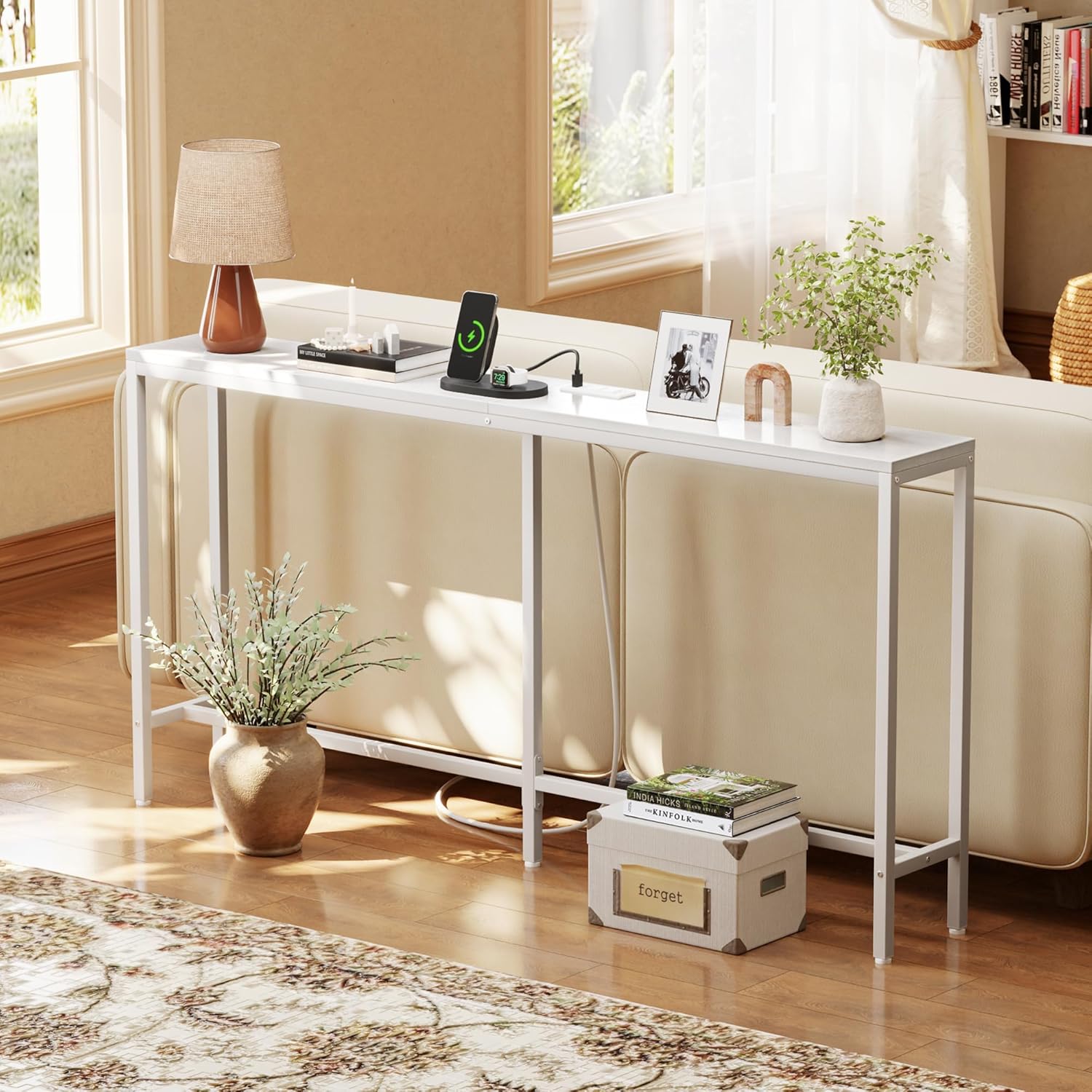 SUPERJARE Console Table with Outlet, 63 Inch Sofa Table with Charging Station, Narrow Entryway