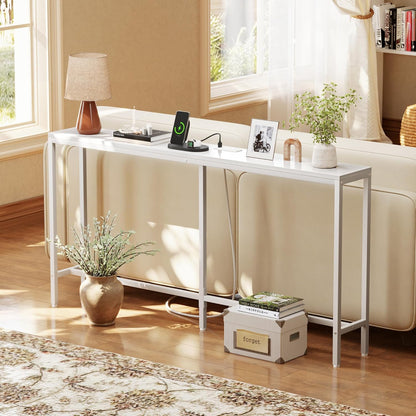 SUPERJARE Console Table with Outlet, 63 Inch Sofa Table with Charging Station, Narrow Entryway