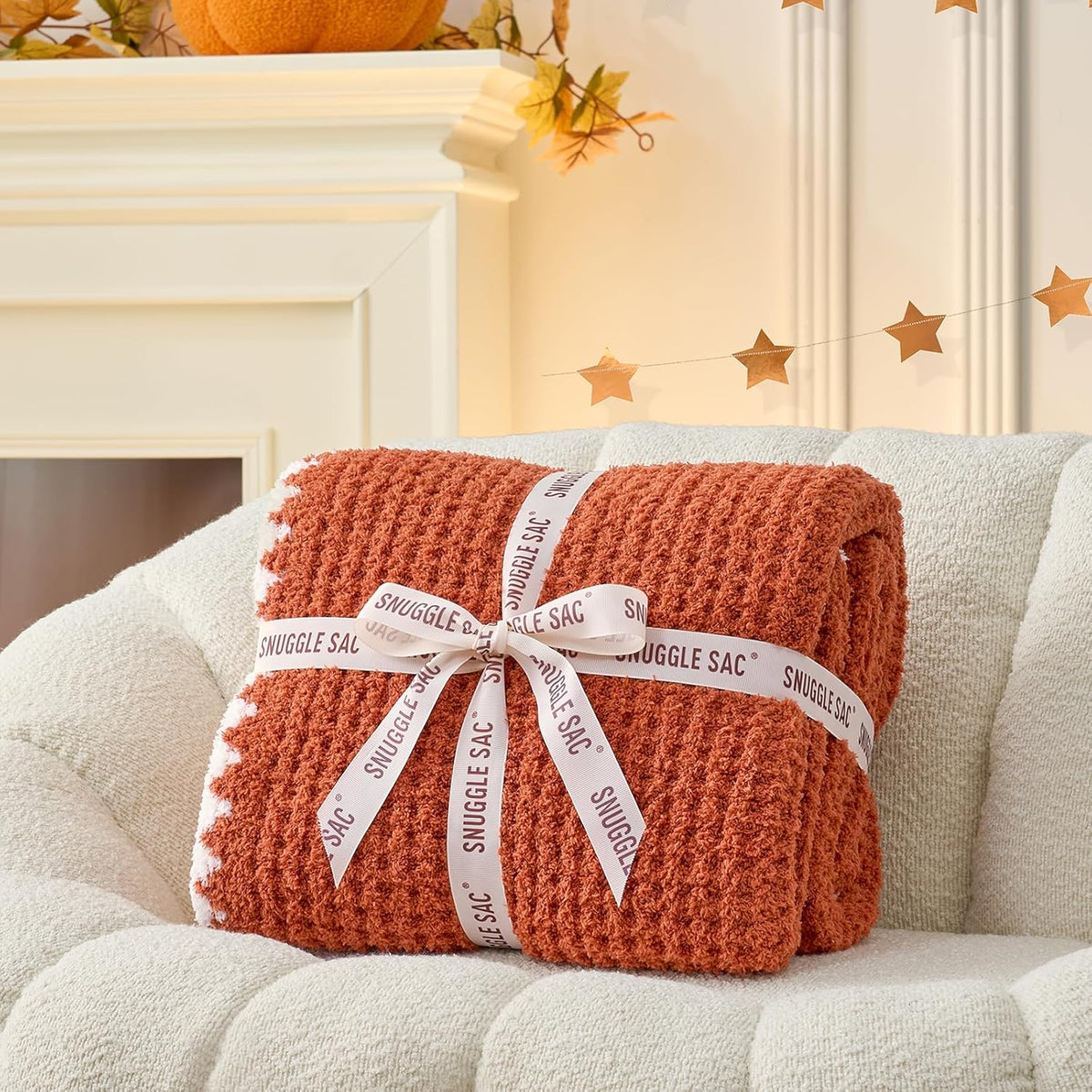 Snuggle Sac Orange Waffle Throw Blanket for Couch Bed Sofa 50x60 inches, Reversible Blanket